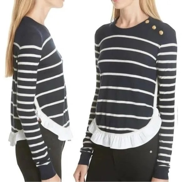 Veronica Beard Ollie Navy and White Striped Merino Wool Sweater - Picture 2 of 11